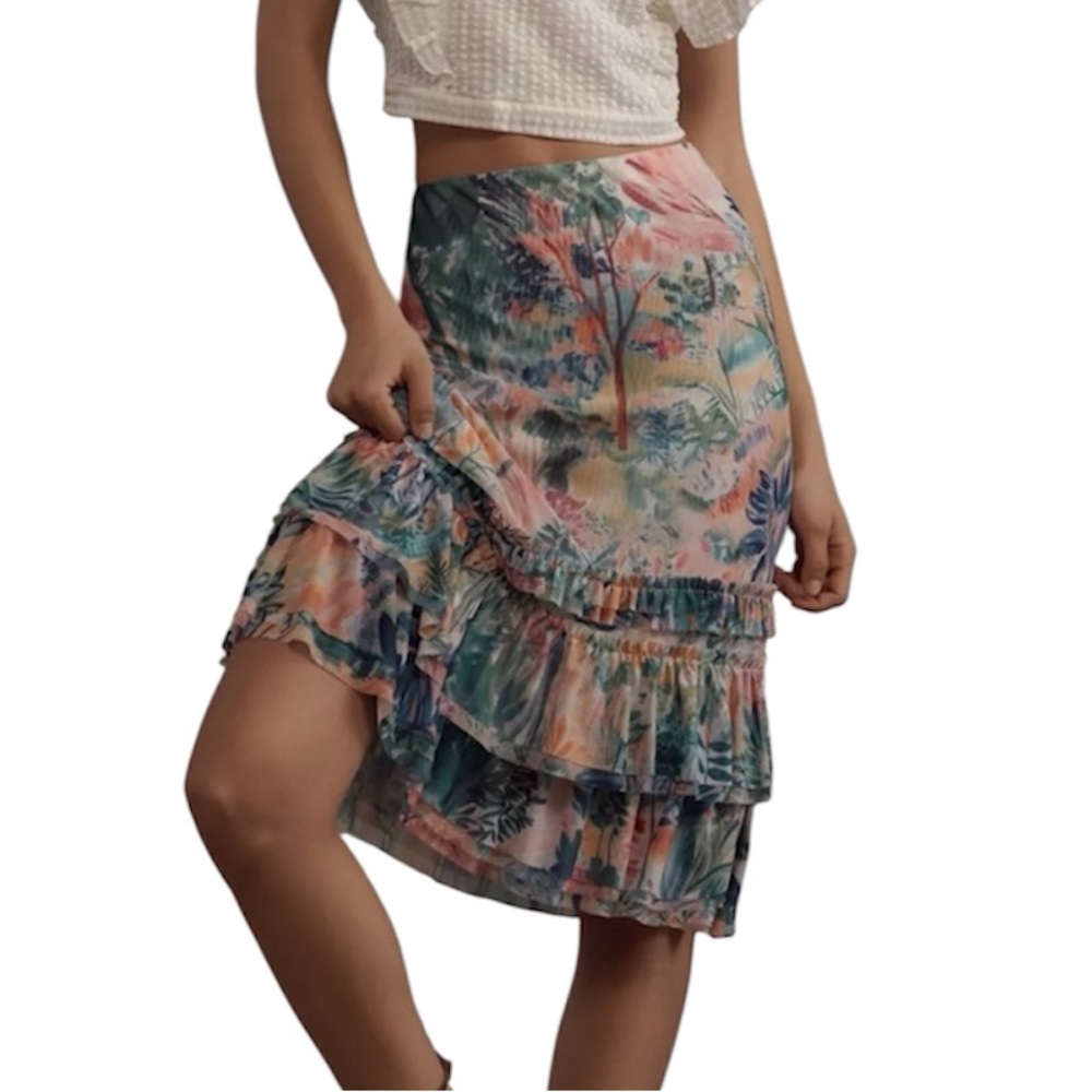 Anthropologie Maeve Ruffled Mesh Midi Skirt Floral Botanical Pattern